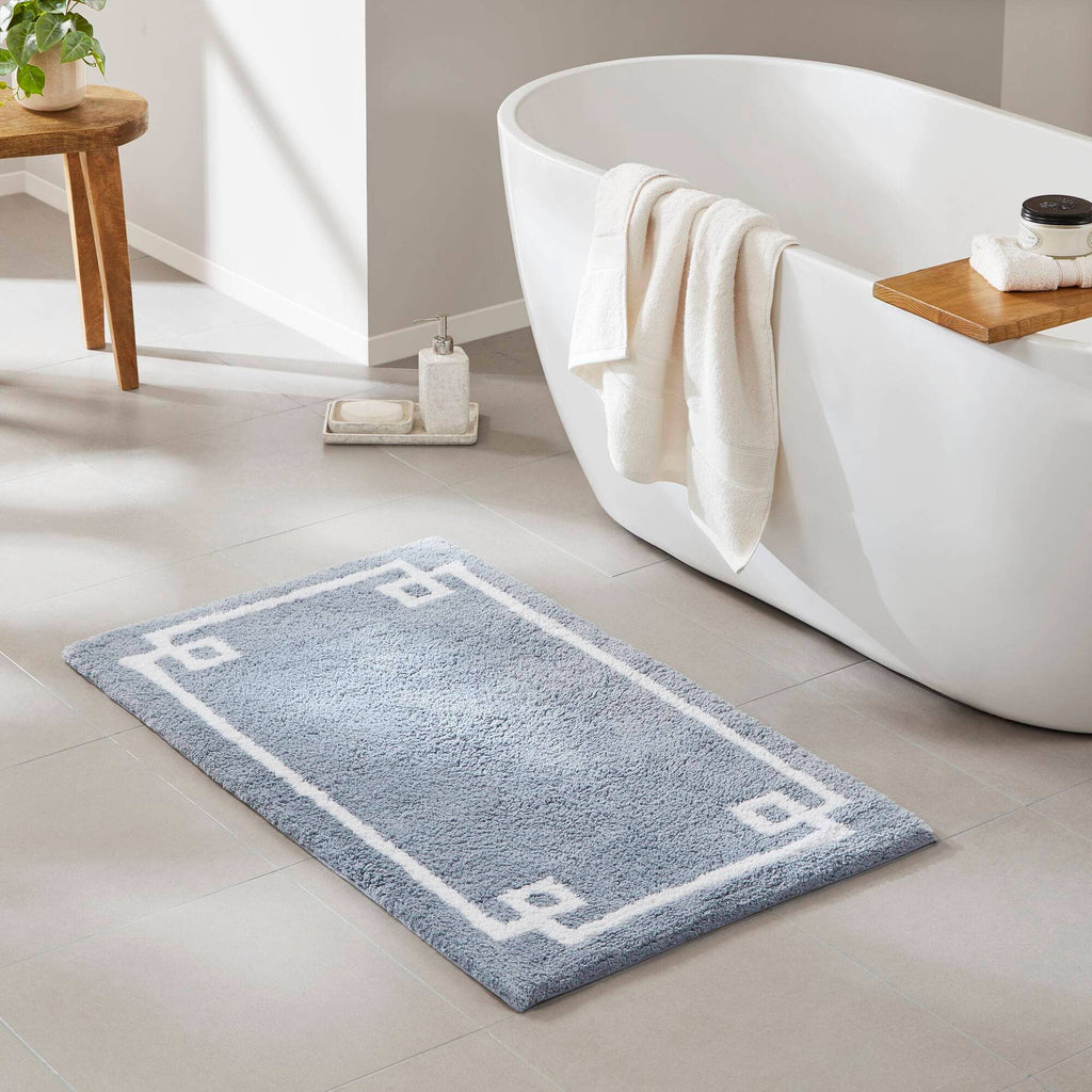 High Pile Bordered Bathroom Rug, Blue
