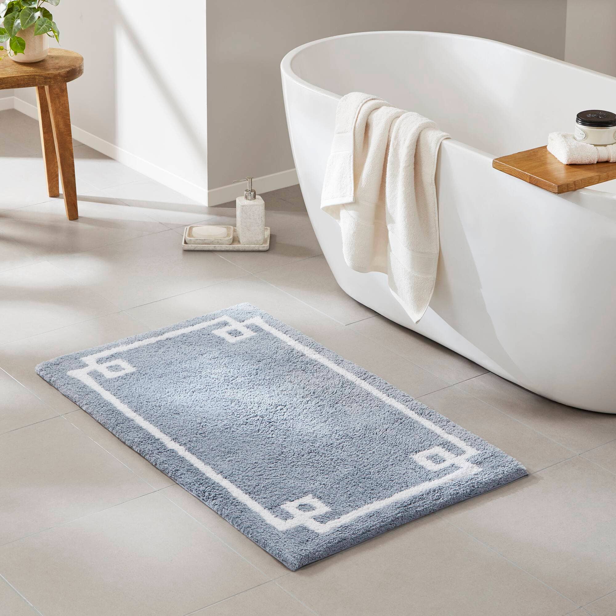 High Pile Bordered Bathroom Rug, Blue