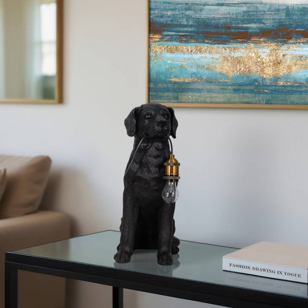Table Lamp - Black/Gold Resin Dog Holding Lightbulb, 18 in.