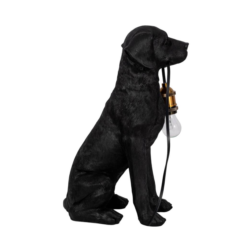 Table Lamp - Black/Gold Resin Dog Holding Lightbulb, 18 in.