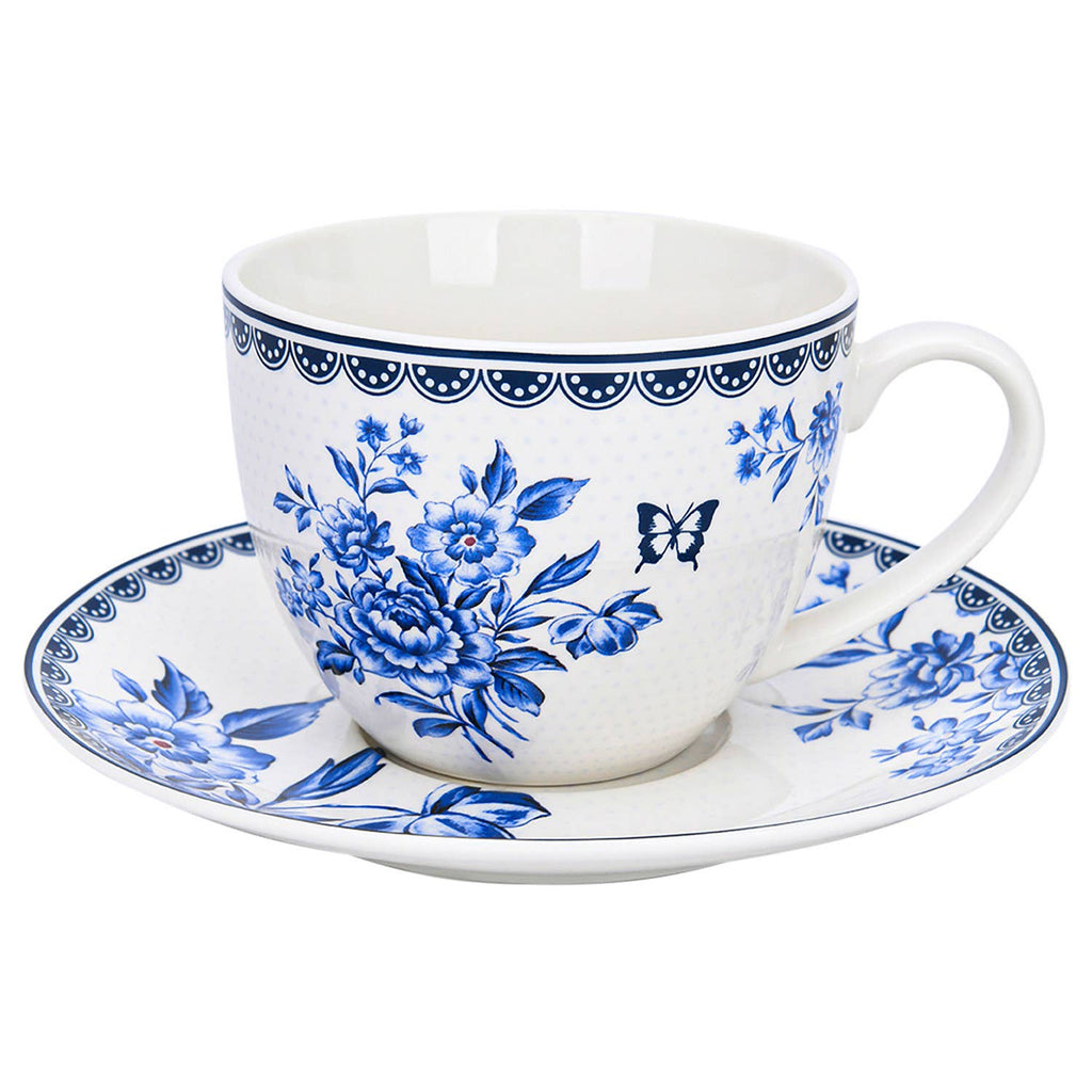 Vintage Indigo Porcelain Tea Cup w/ saucer Set of 4, 260 ml