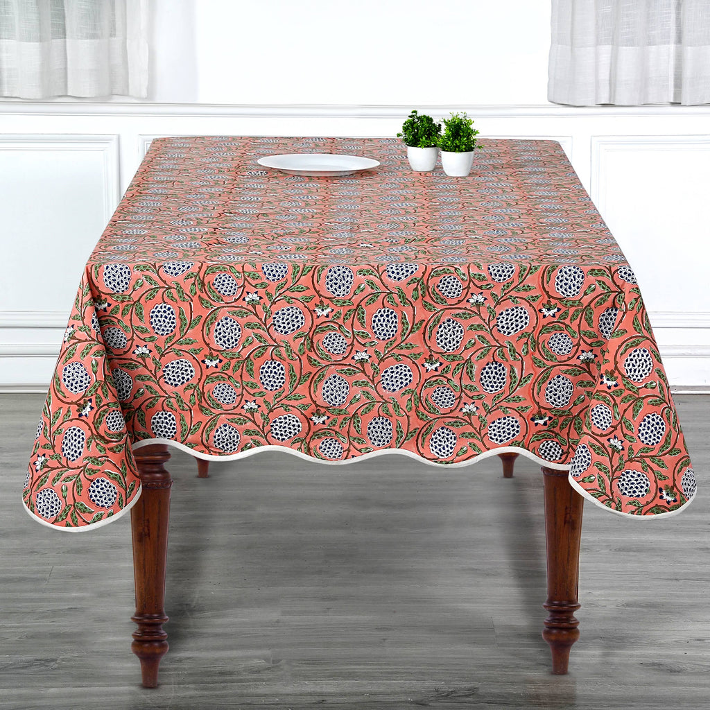 Dark Salmon Block Printed Piping Tablecloth 100% Cotton