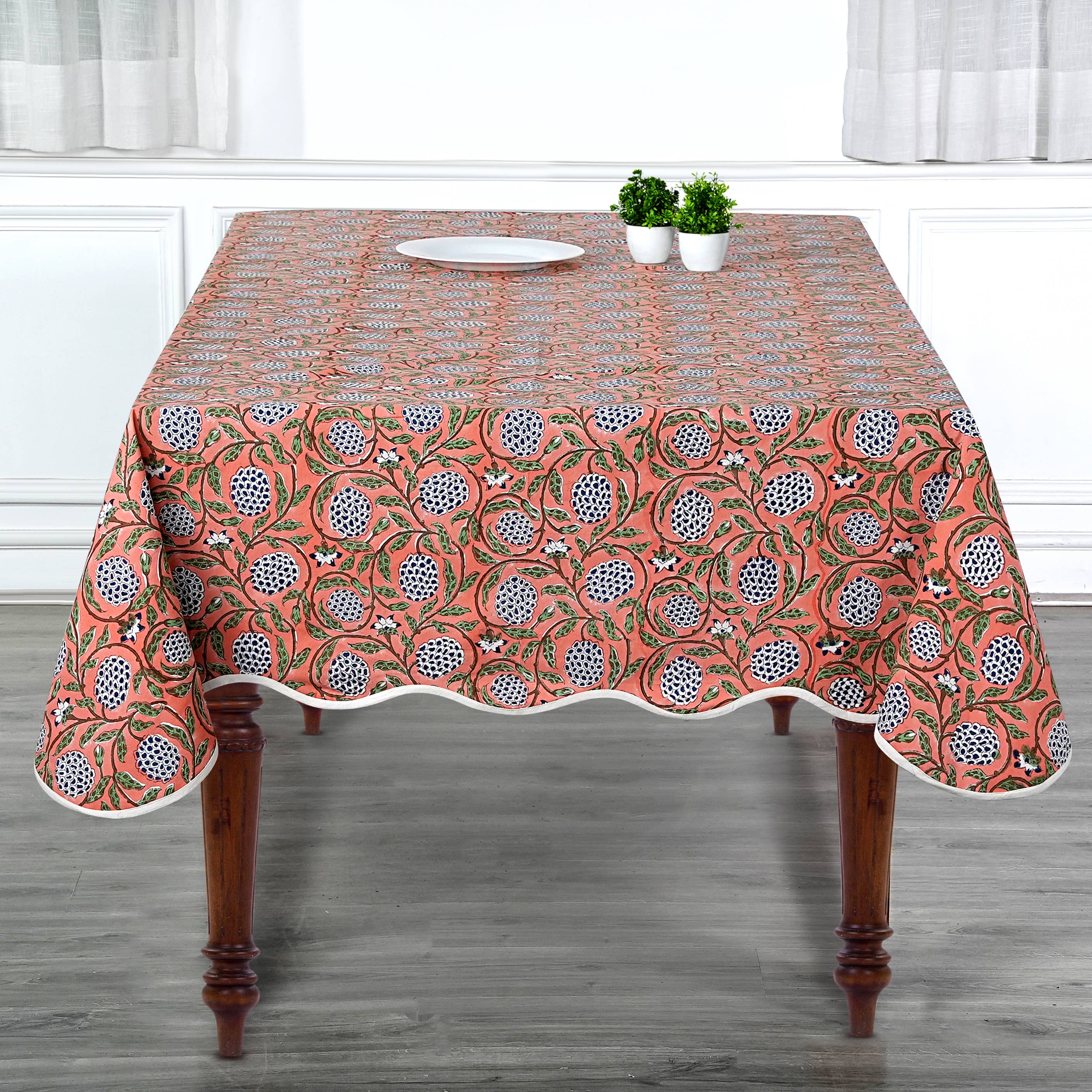 Dark Salmon Block Printed Piping Tablecloth 100% Cotton