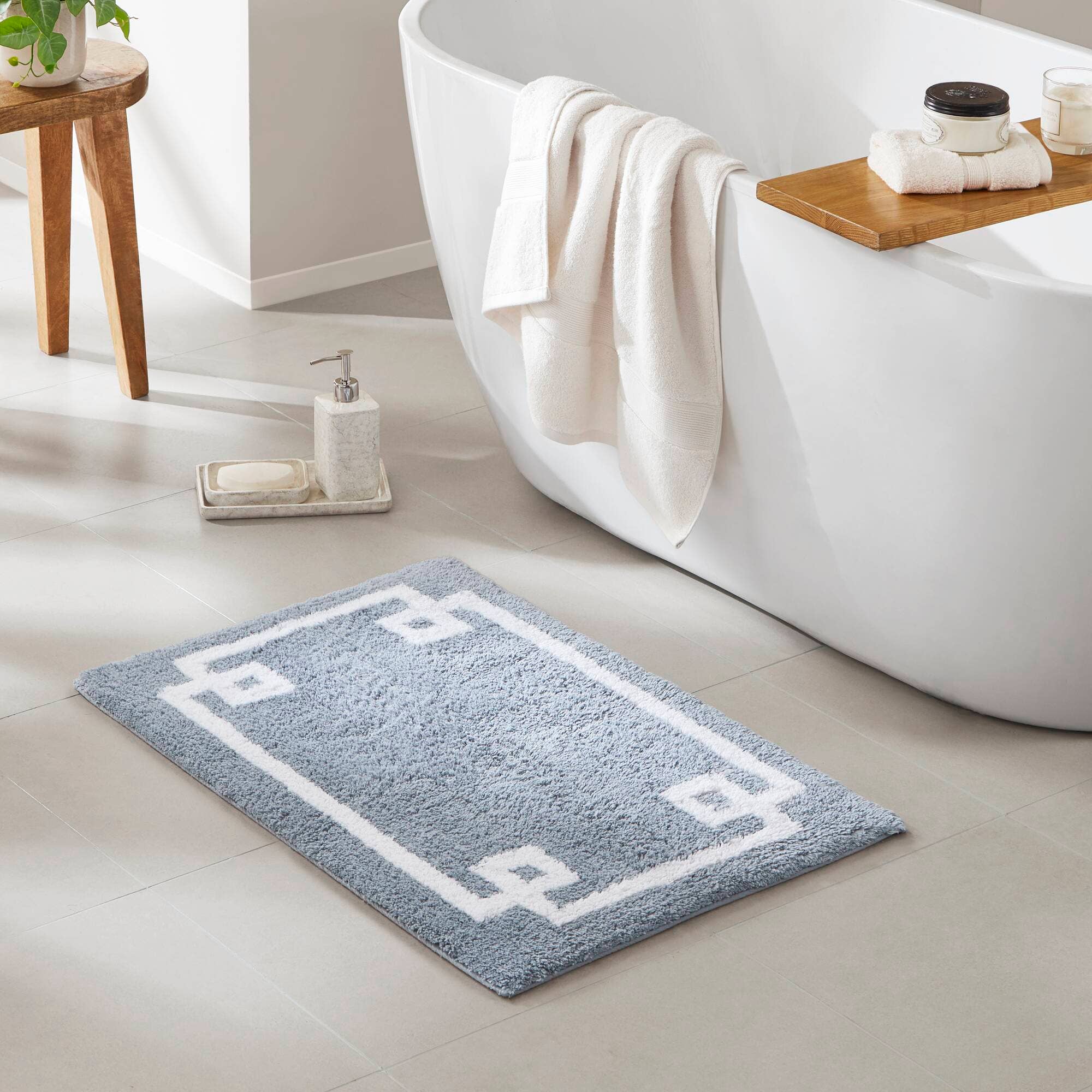 High Pile Bordered Bathroom Rug, Blue