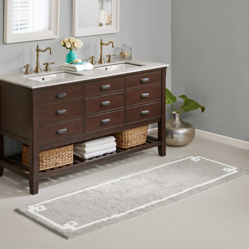 High Pile Bordered Bathroom Rug, Grey