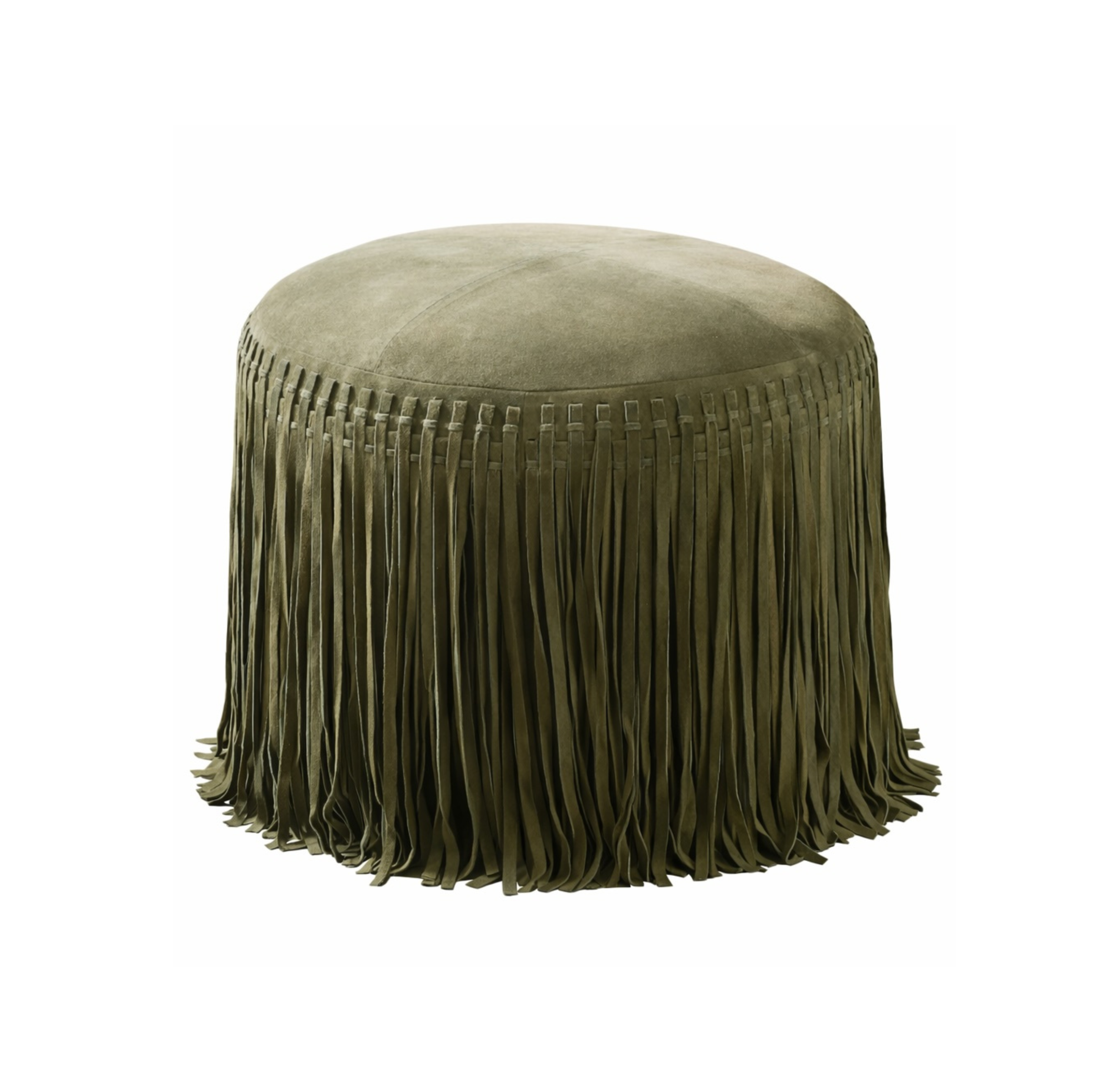 Suede Pouf w/ Fringe - Olive