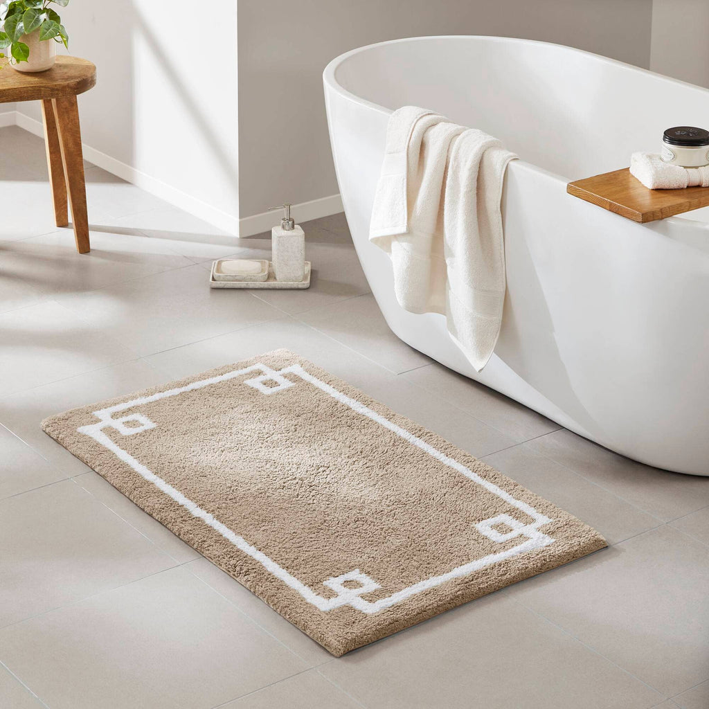 High Pile Bordered Bathroom Rug, Taupe