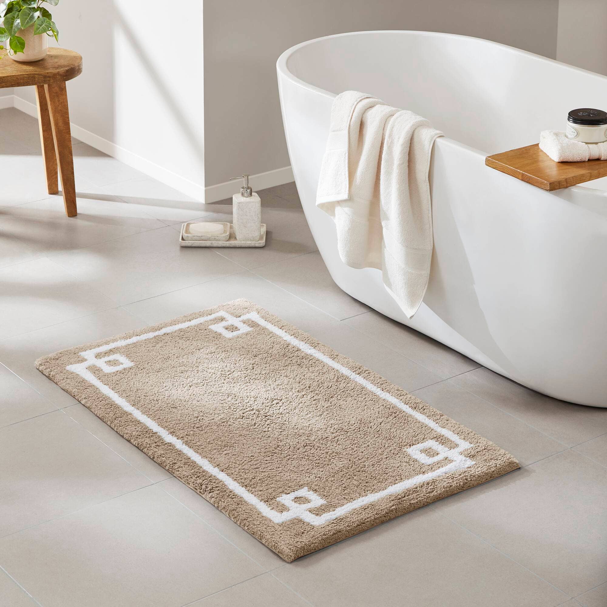 High Pile Bordered Bathroom Rug, Taupe