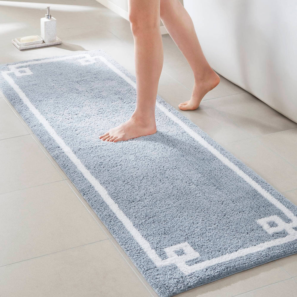 High Pile Bordered Bathroom Rug, Blue