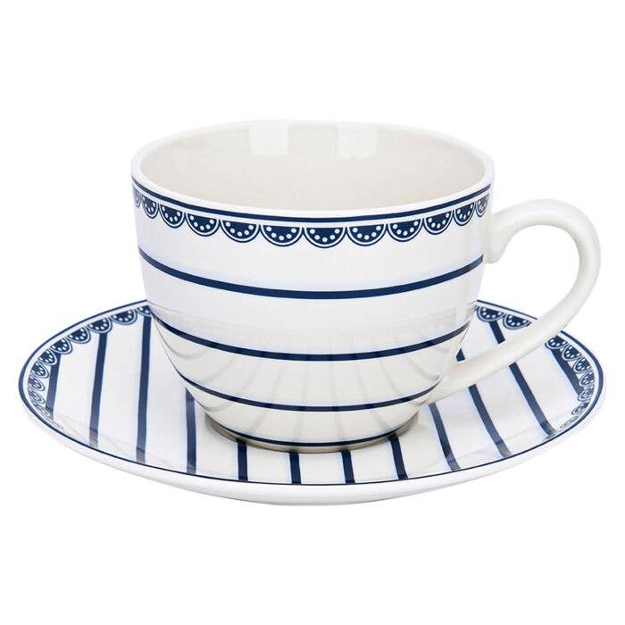 Vintage Indigo Porcelain Tea Cup w/ saucer Set of 4, 260 ml