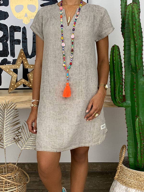 Cotton Blend V-Neck Solid Color Dress