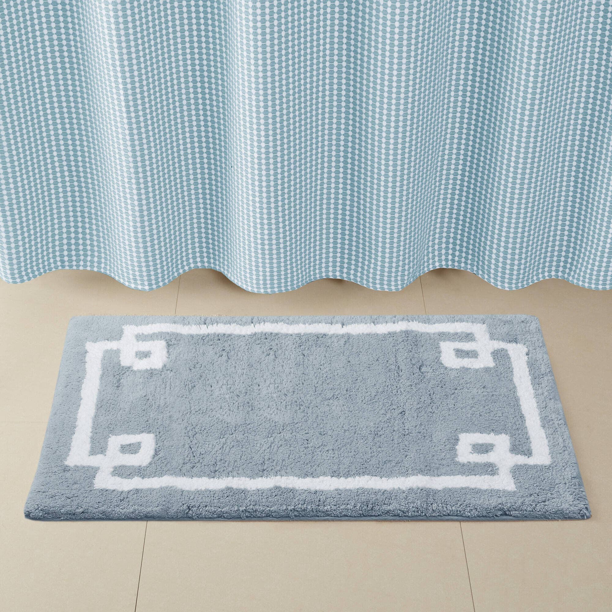 High Pile Bordered Bathroom Rug, Blue