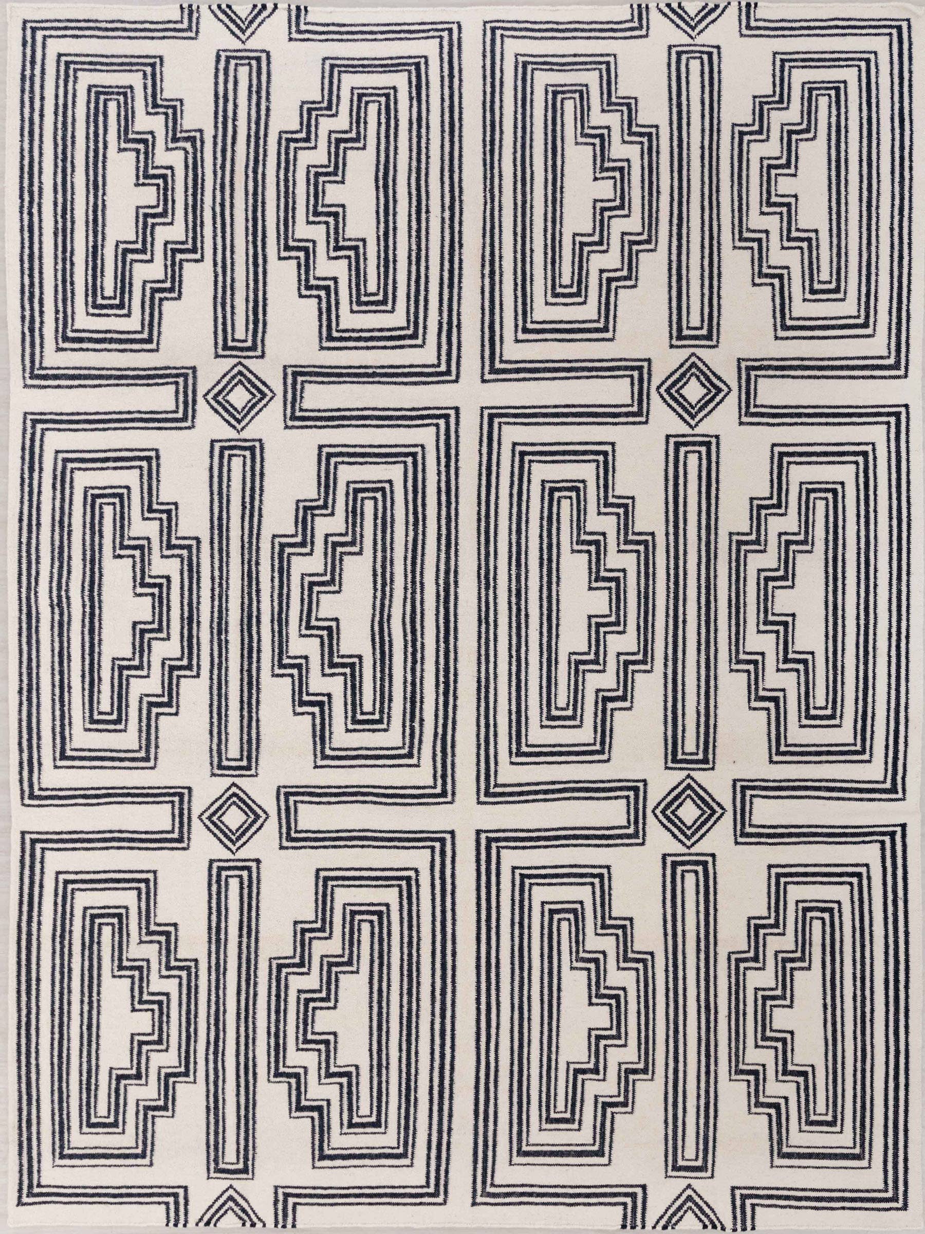 White Navy Modern Designer Rug Geometric Design Handmade Rug