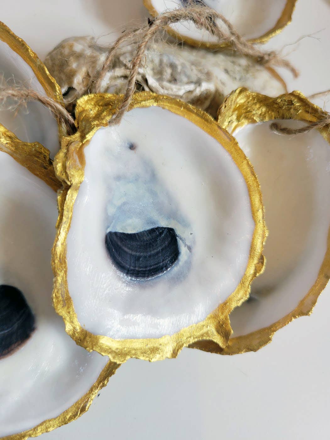 Contemporary Gilded Rimmed Oyster Shell Ornaments, Set of 6