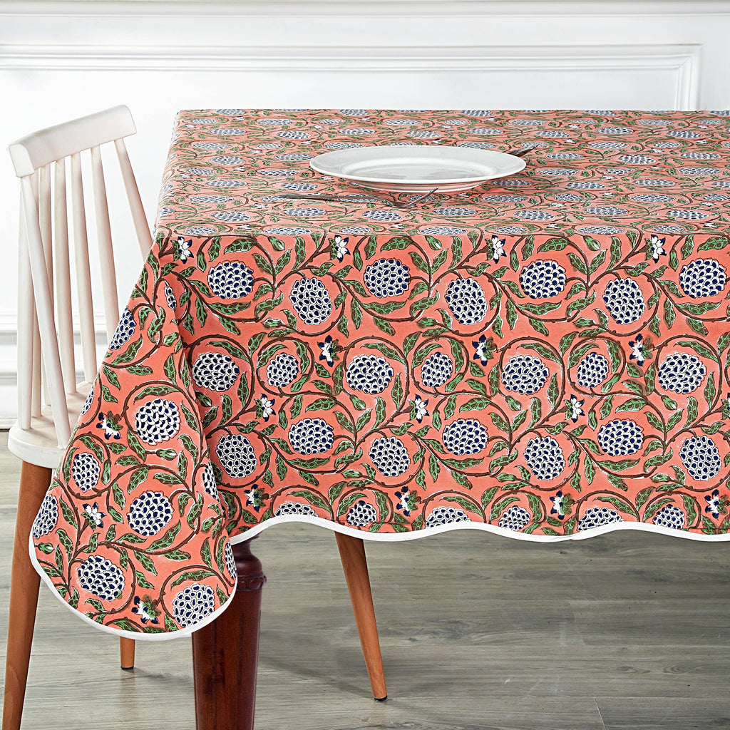 Dark Salmon Block Printed Piping Tablecloth 100% Cotton