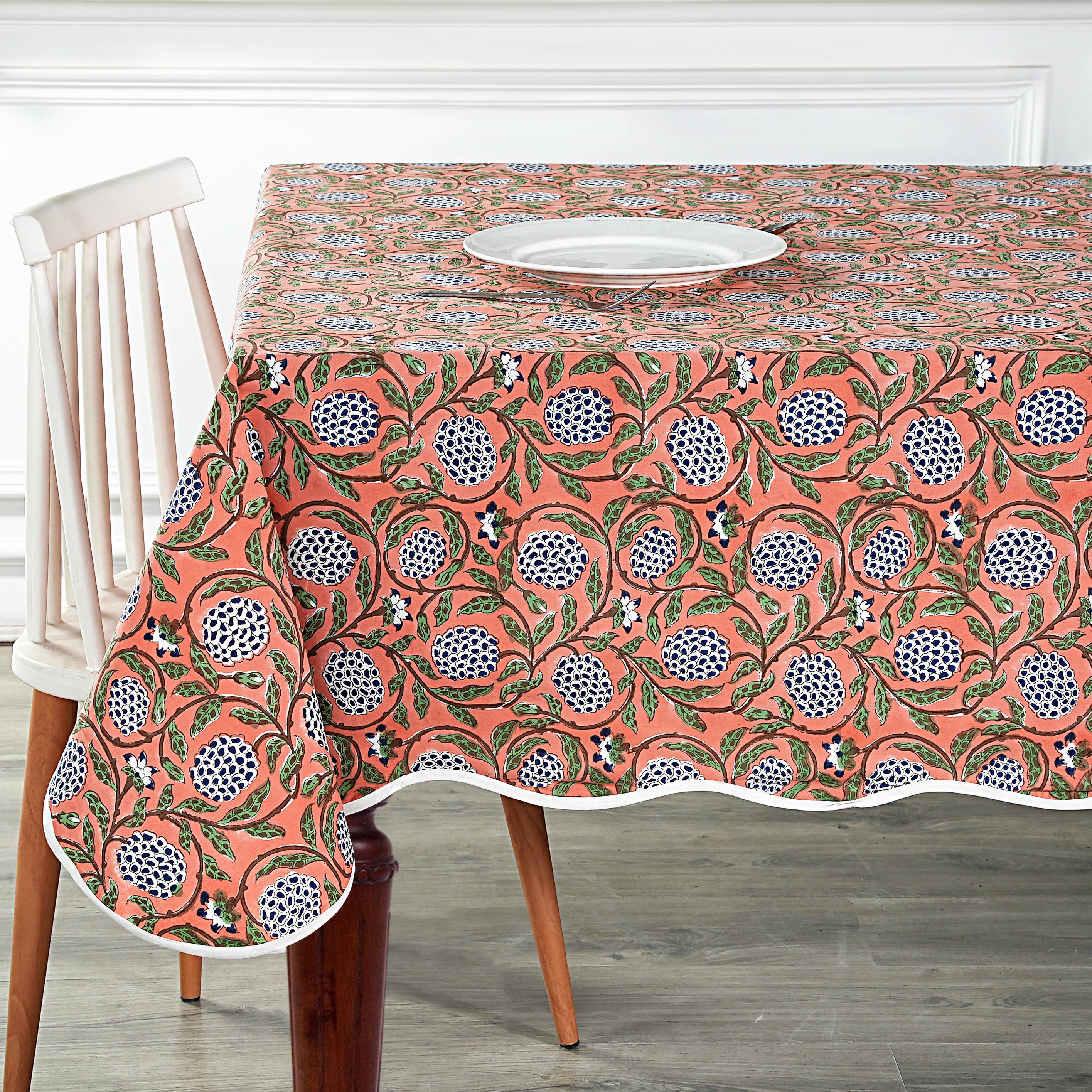 Dark Salmon Block Printed Piping Tablecloth 100% Cotton