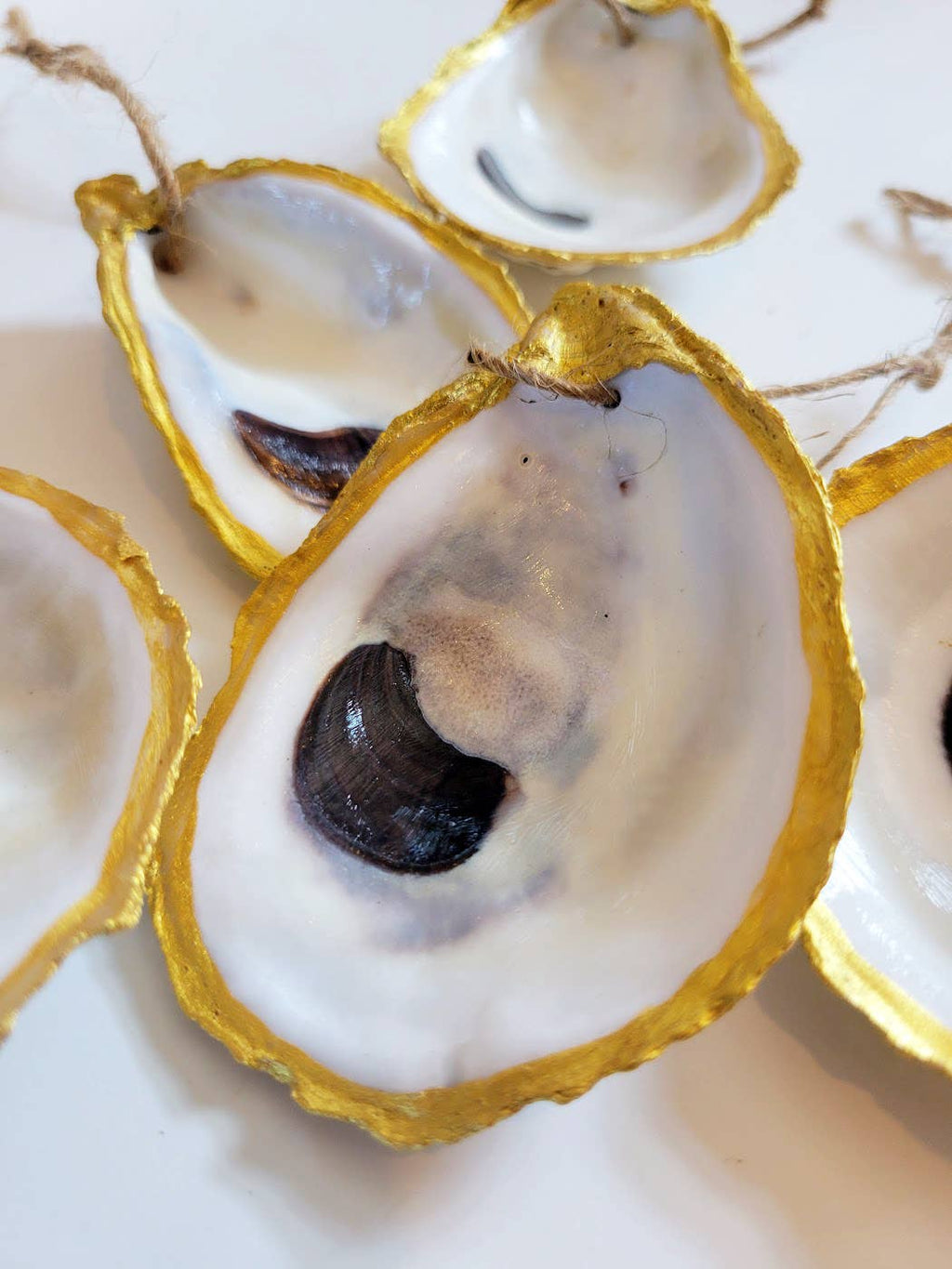 Contemporary Gilded Rimmed Oyster Shell Ornaments, Set of 6