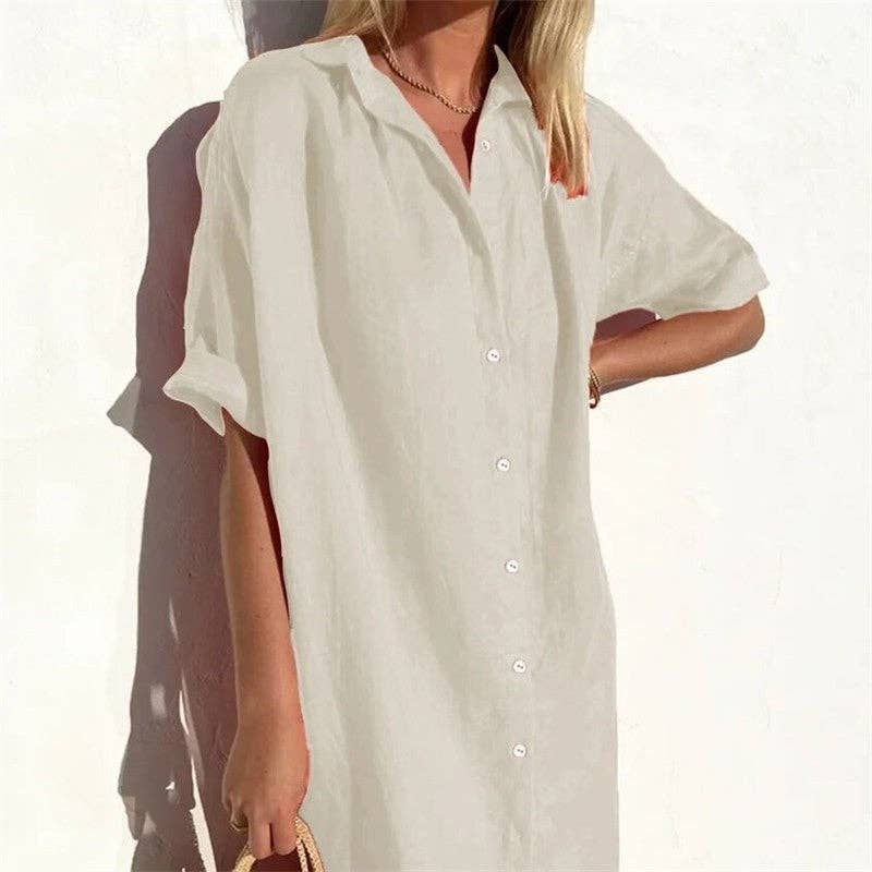 Casual Loose Fit Short Sleeve Shirt Dress In Solid Color