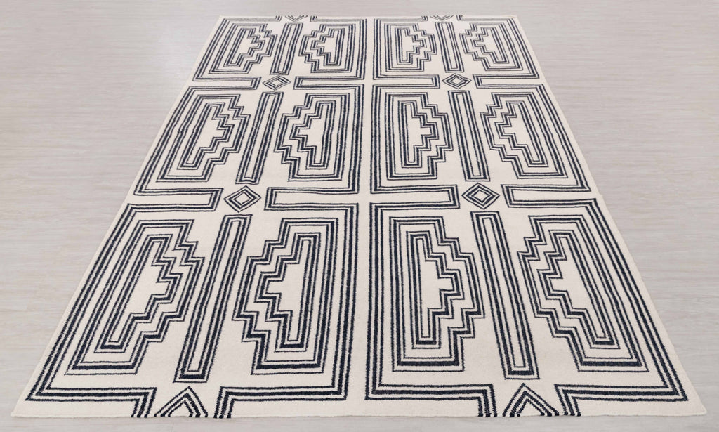 White Navy Modern Designer Rug Geometric Design Handmade Rug