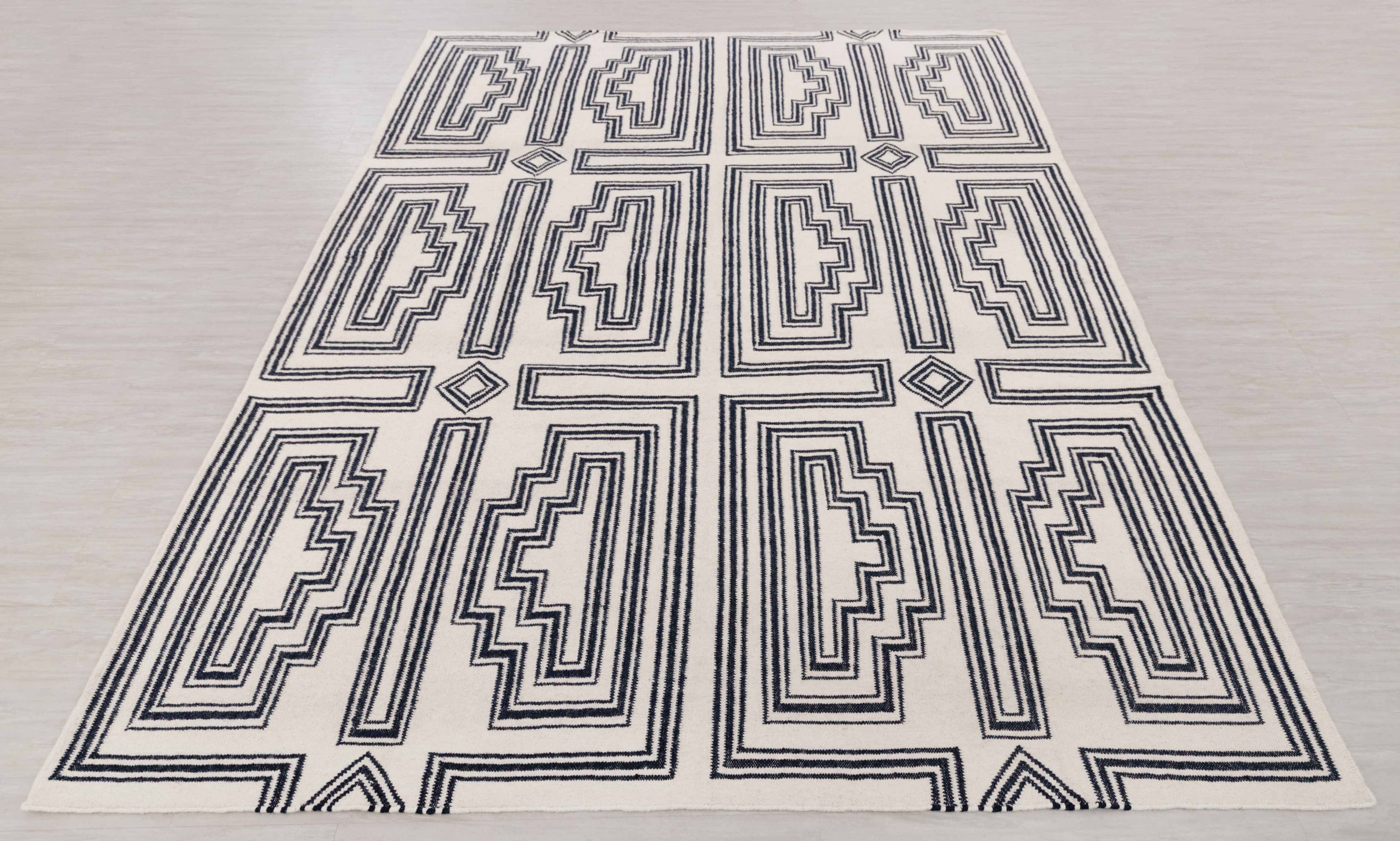 White Navy Modern Designer Rug Geometric Design Handmade Rug