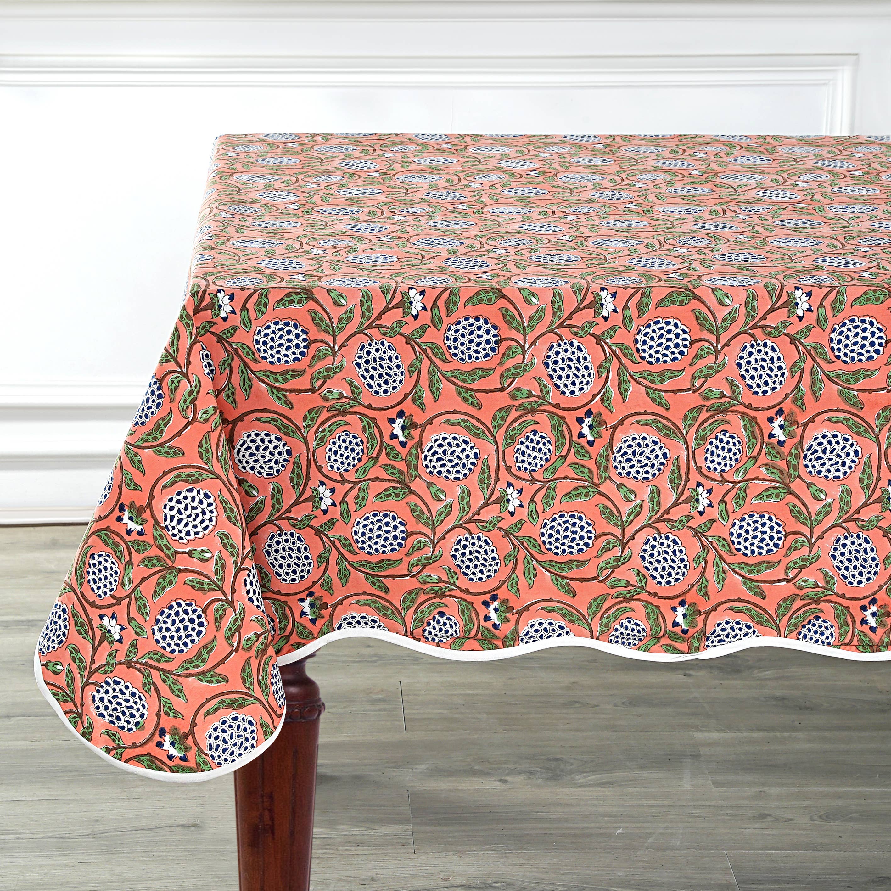 Dark Salmon Block Printed Piping Tablecloth 100% Cotton