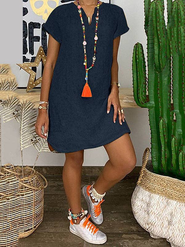 Cotton Blend V-Neck Solid Color Dress