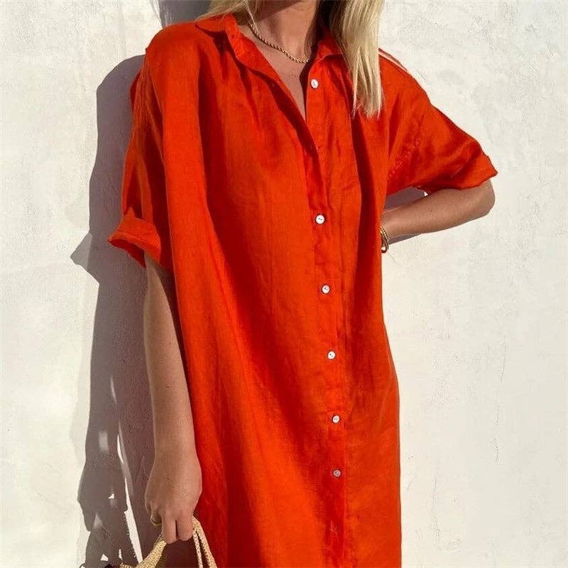 Casual Loose Fit Short Sleeve Shirt Dress In Solid Color