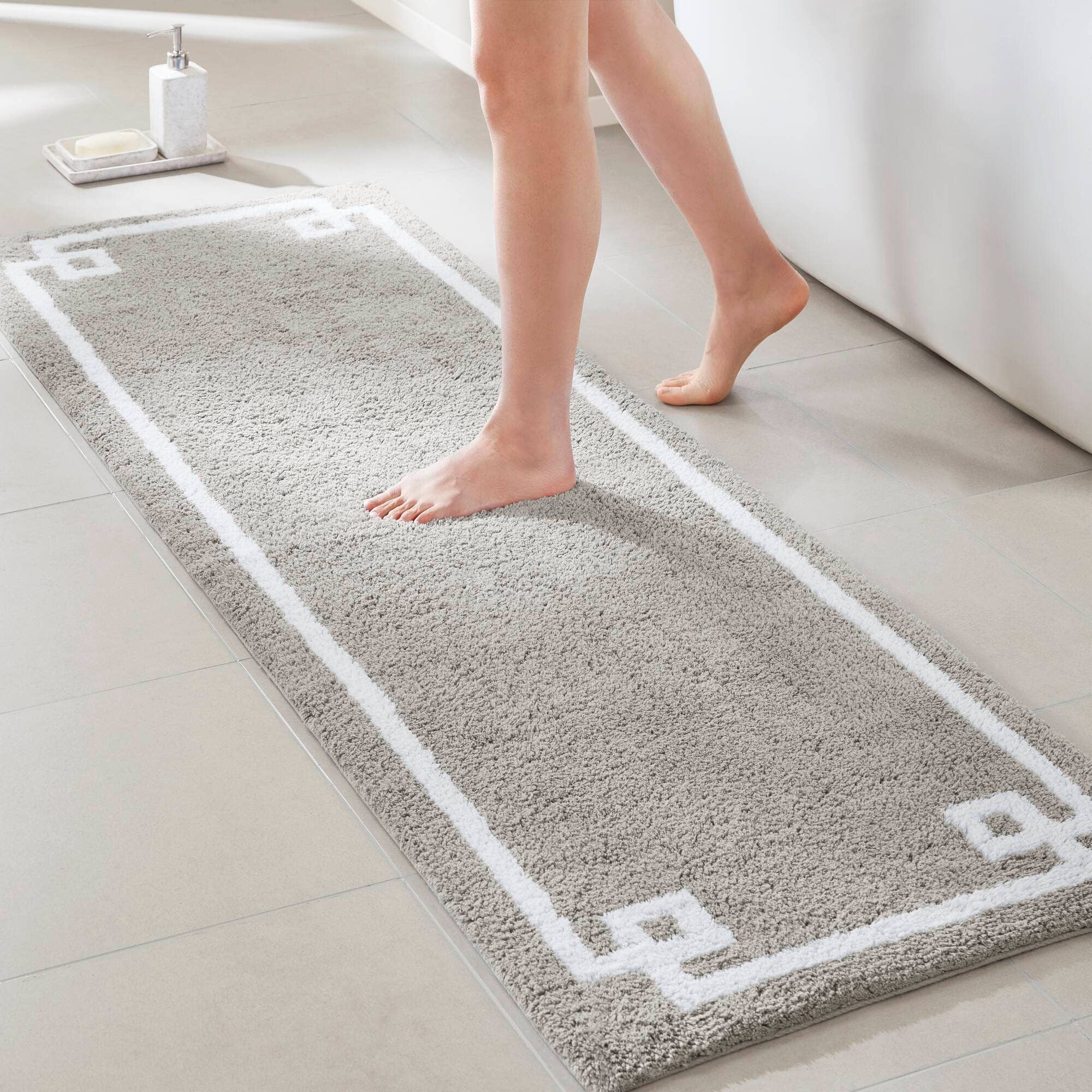 High Pile Bordered Bathroom Rug, Grey