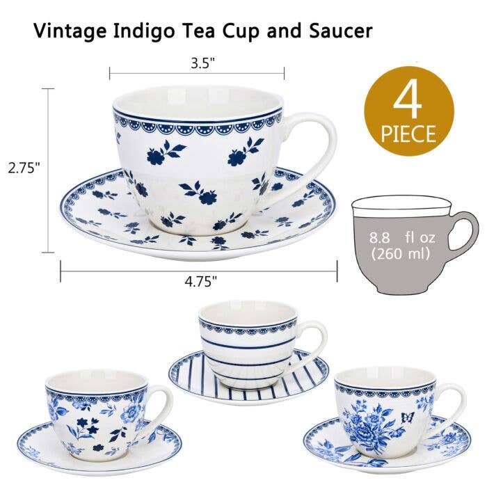 Vintage Indigo Porcelain Tea Cup w/ saucer Set of 4, 260 ml