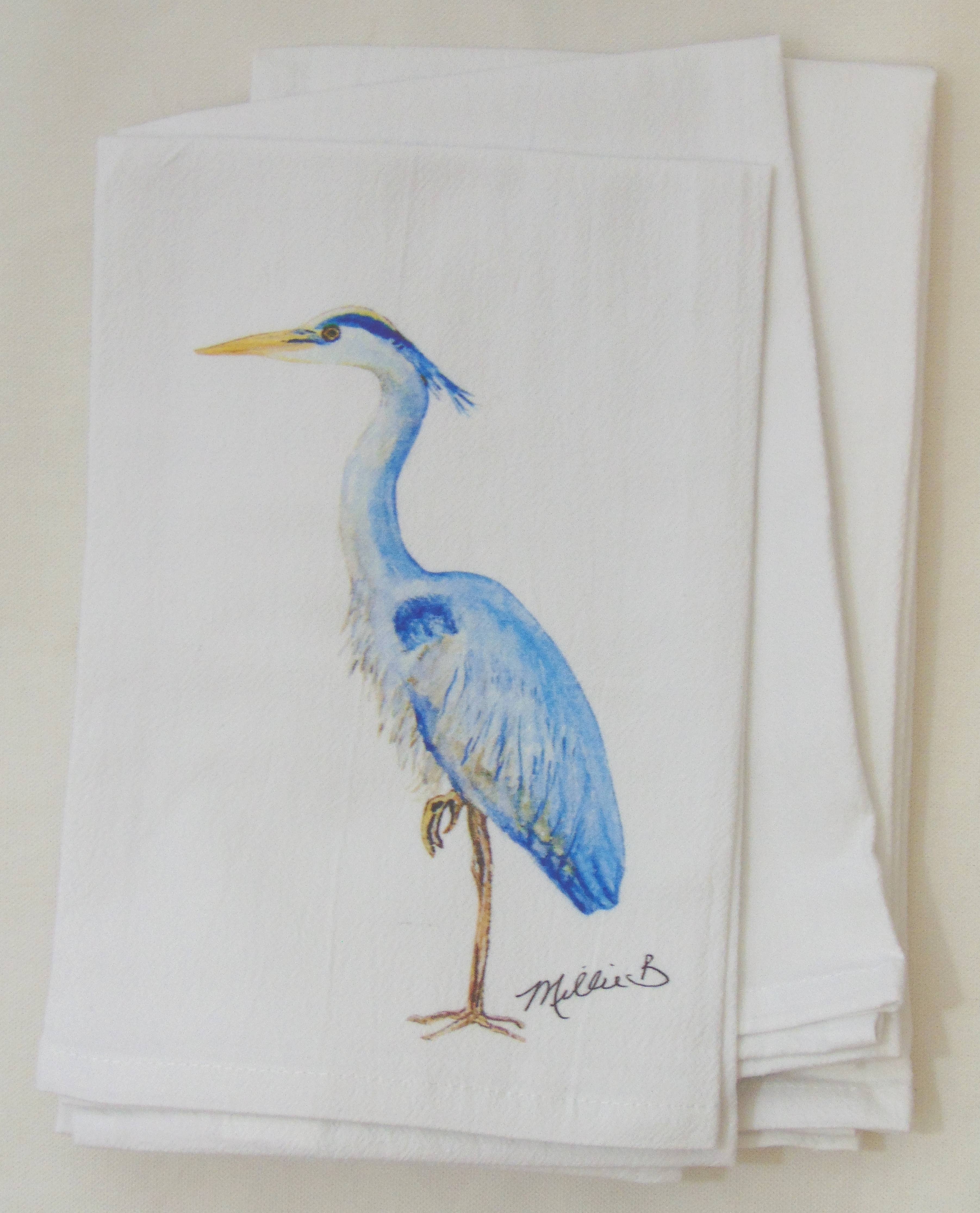 Limited Edition Tall Blue Heron on White Flour Sack Towel