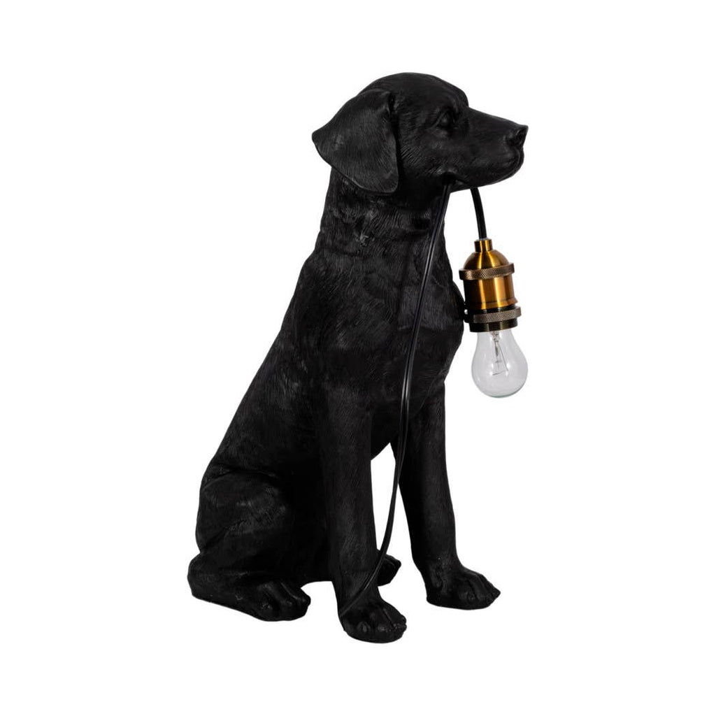 Table Lamp - Black/Gold Resin Dog Holding Lightbulb, 18 in.