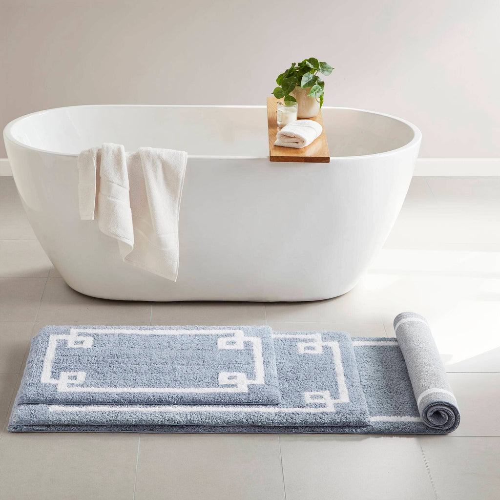 High Pile Bordered Bathroom Rug, Blue