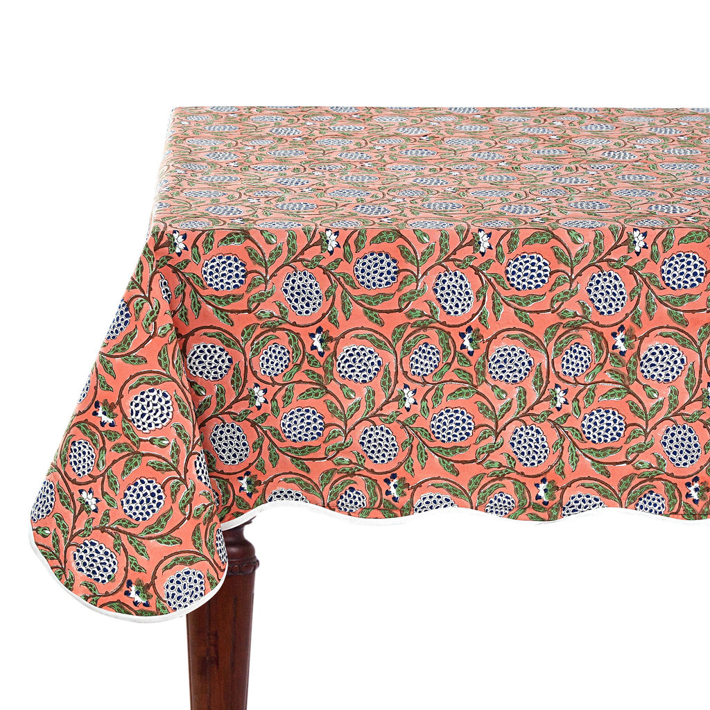 Dark Salmon Block Printed Piping Tablecloth 100% Cotton