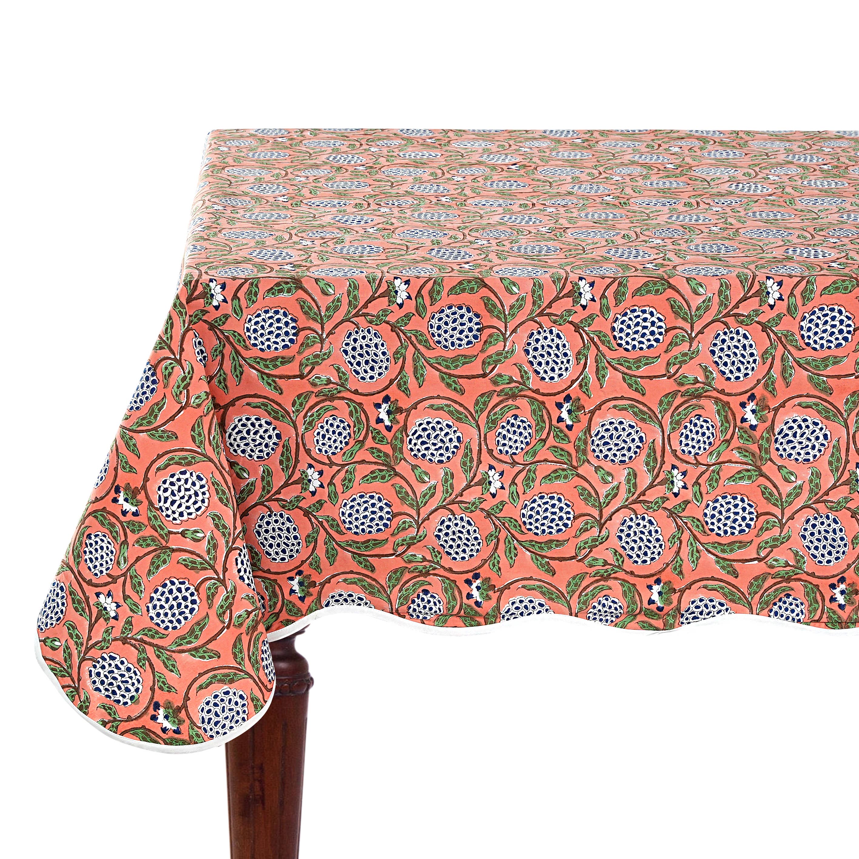 Dark Salmon Block Printed Piping Tablecloth 100% Cotton