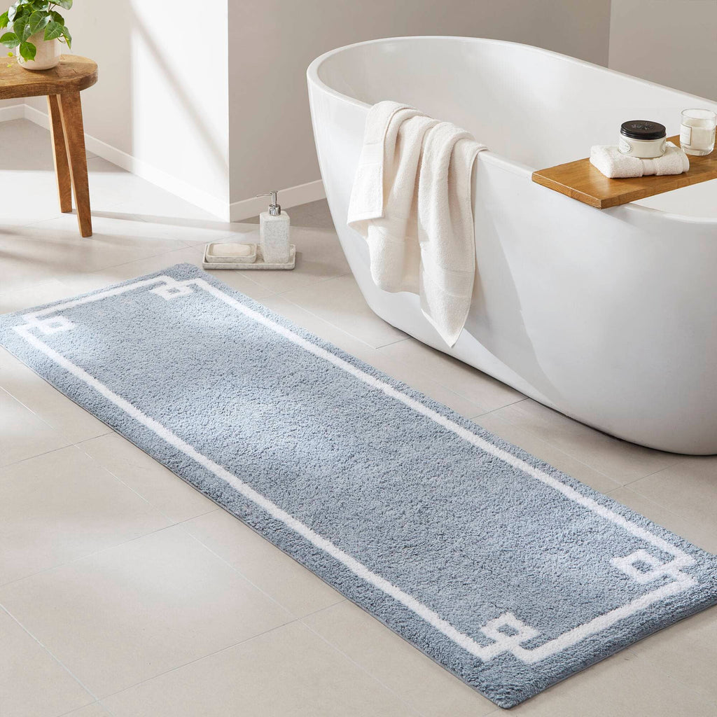 High Pile Bordered Bathroom Rug, Blue