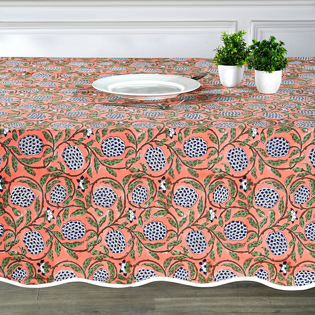Dark Salmon Block Printed Piping Tablecloth 100% Cotton