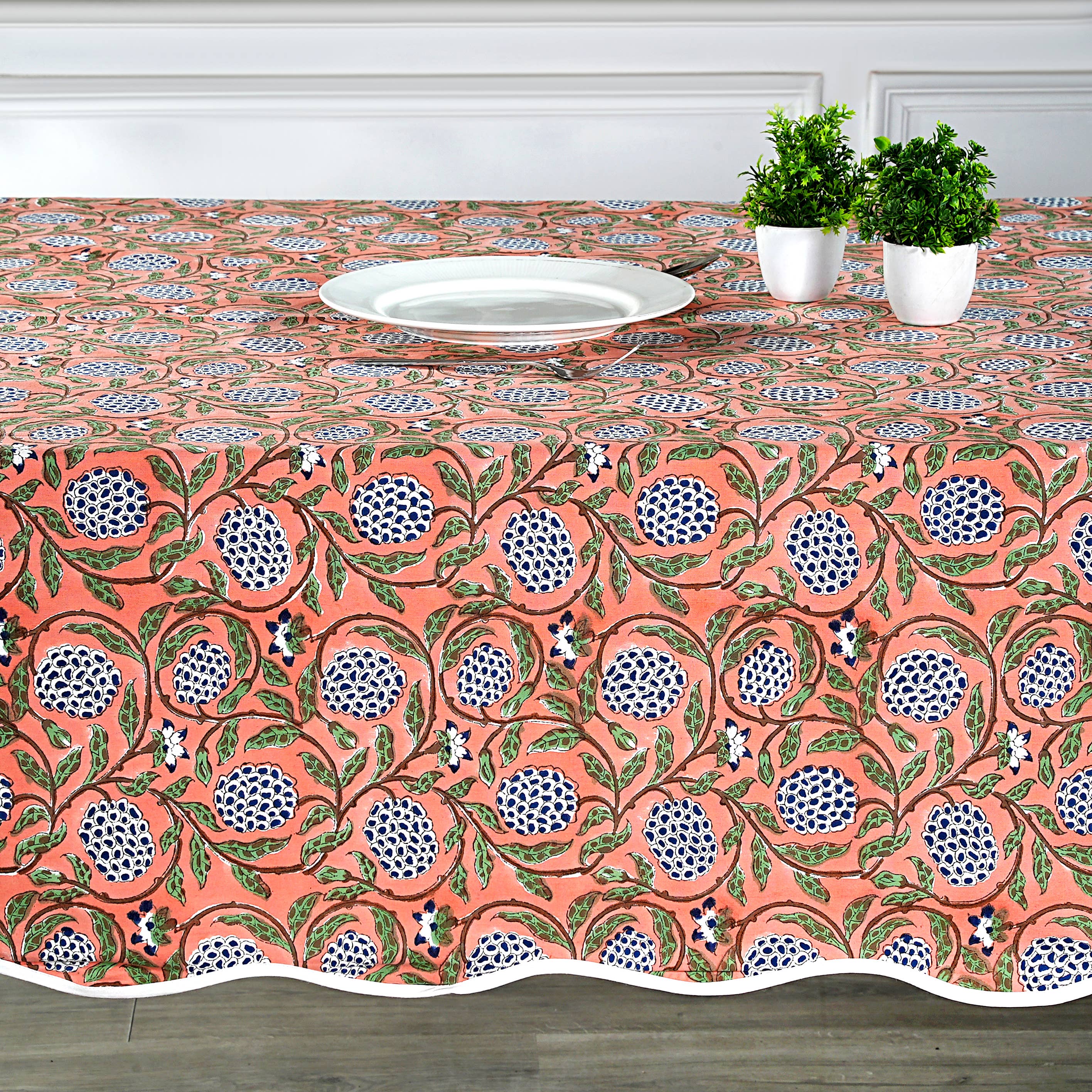 Dark Salmon Block Printed Piping Tablecloth 100% Cotton
