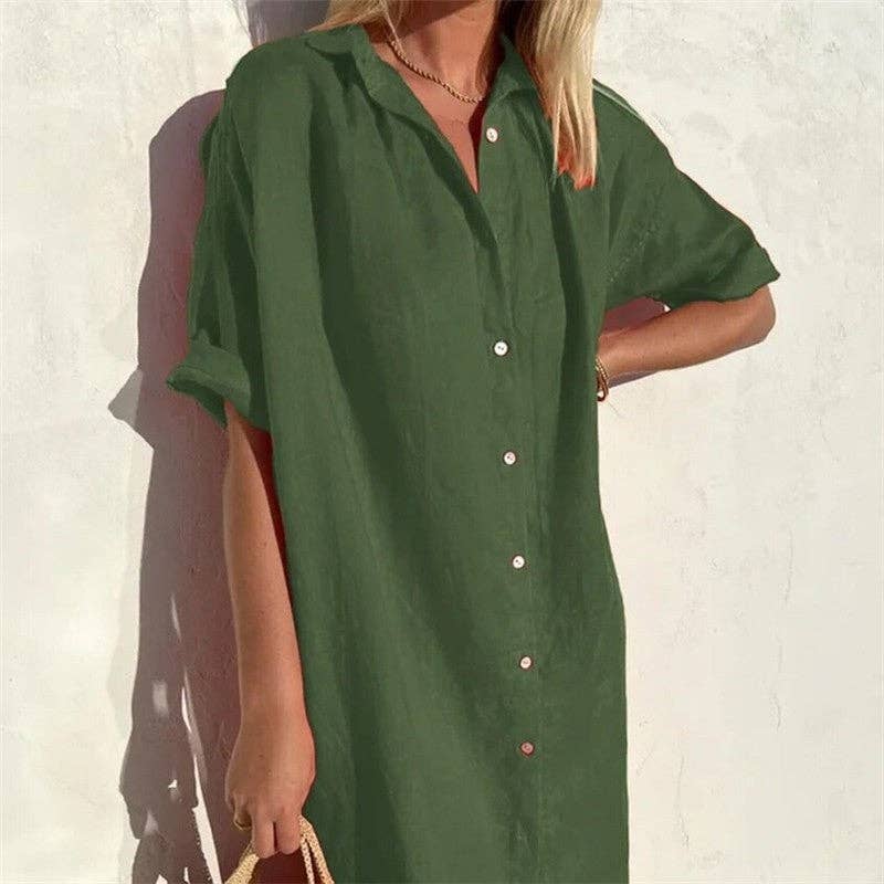 Casual Loose Fit Short Sleeve Shirt Dress In Solid Color