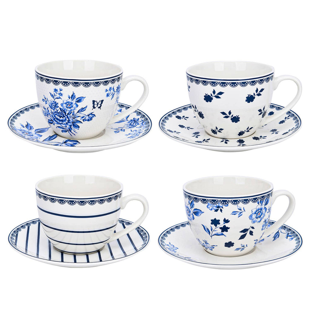 Vintage Indigo Porcelain Tea Cup w/ saucer Set of 4, 260 ml