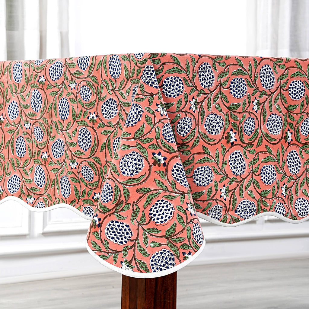 Dark Salmon Block Printed Piping Tablecloth 100% Cotton