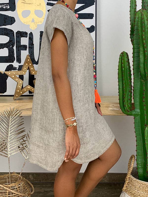 Cotton Blend V-Neck Solid Color Dress
