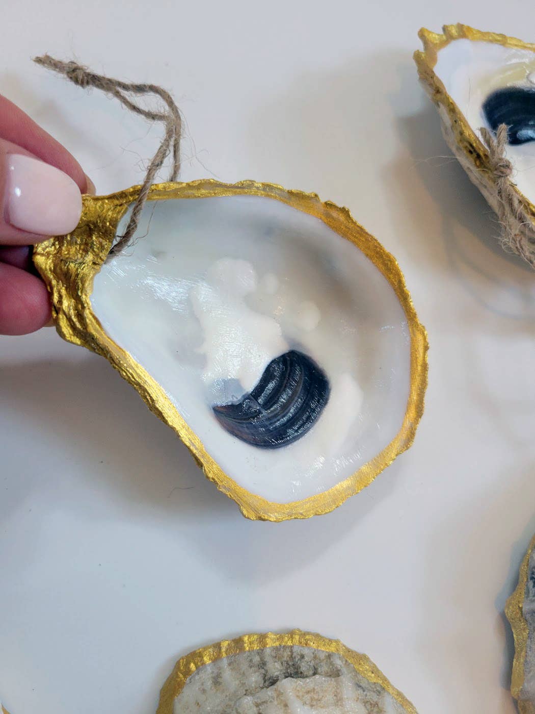 Contemporary Gilded Rimmed Oyster Shell Ornaments, Set of 6