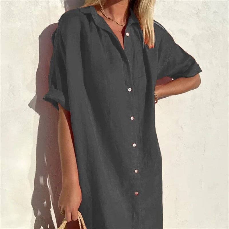 Casual Loose Fit Short Sleeve Shirt Dress In Solid Color