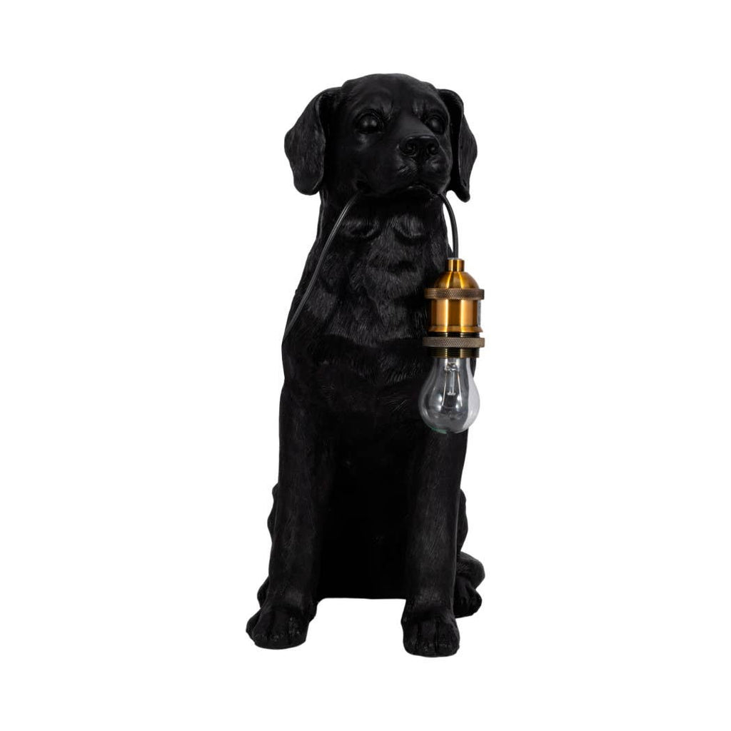 Table Lamp - Black/Gold Resin Dog Holding Lightbulb, 18 in.
