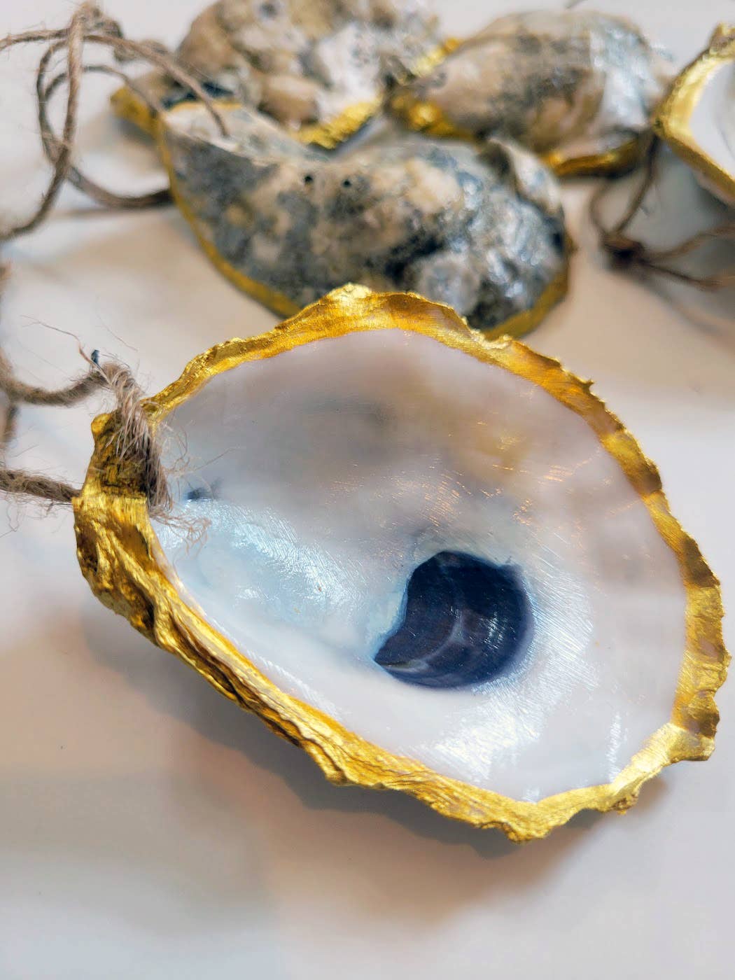 Contemporary Gilded Rimmed Oyster Shell Ornaments, Set of 6