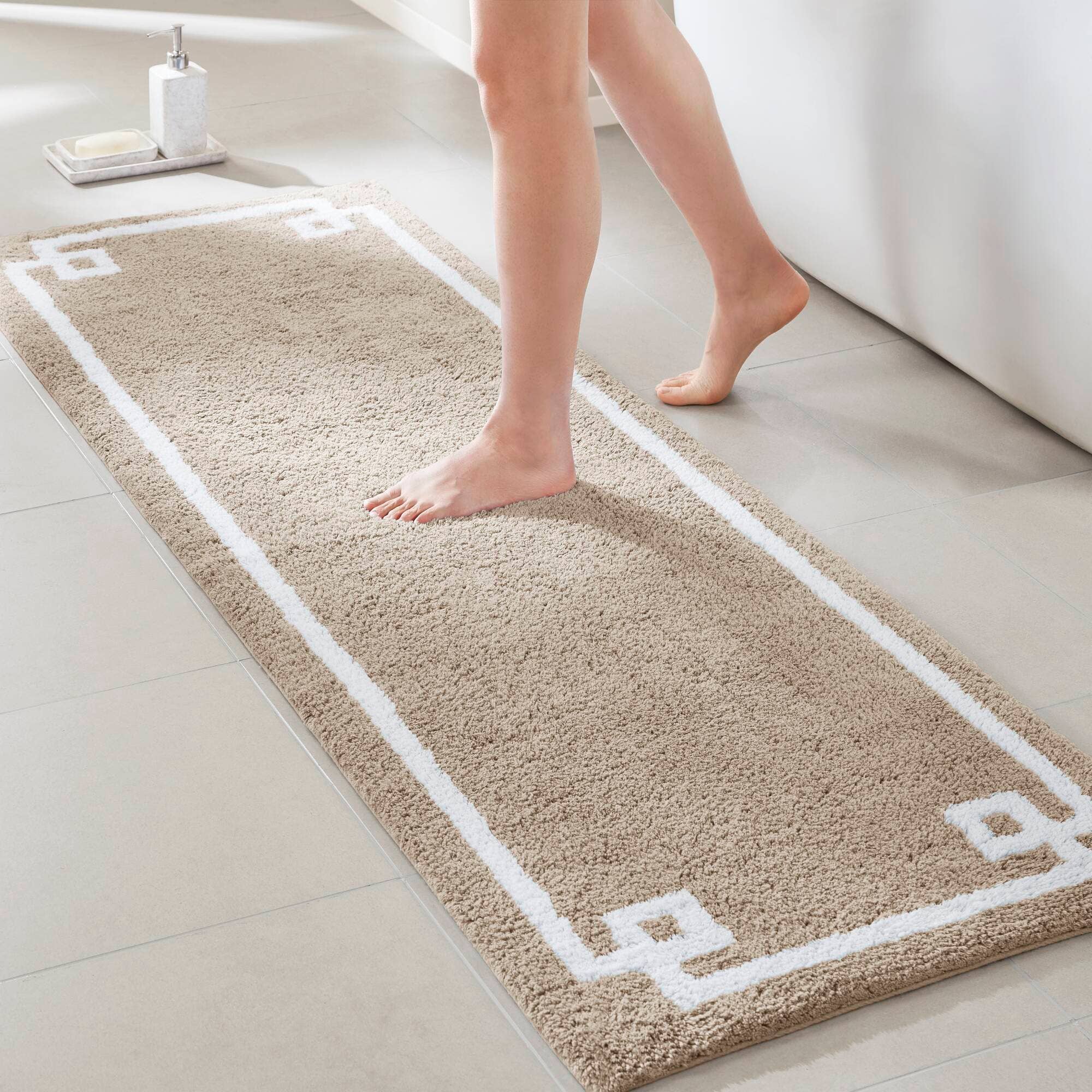 High Pile Bordered Bathroom Rug, Taupe