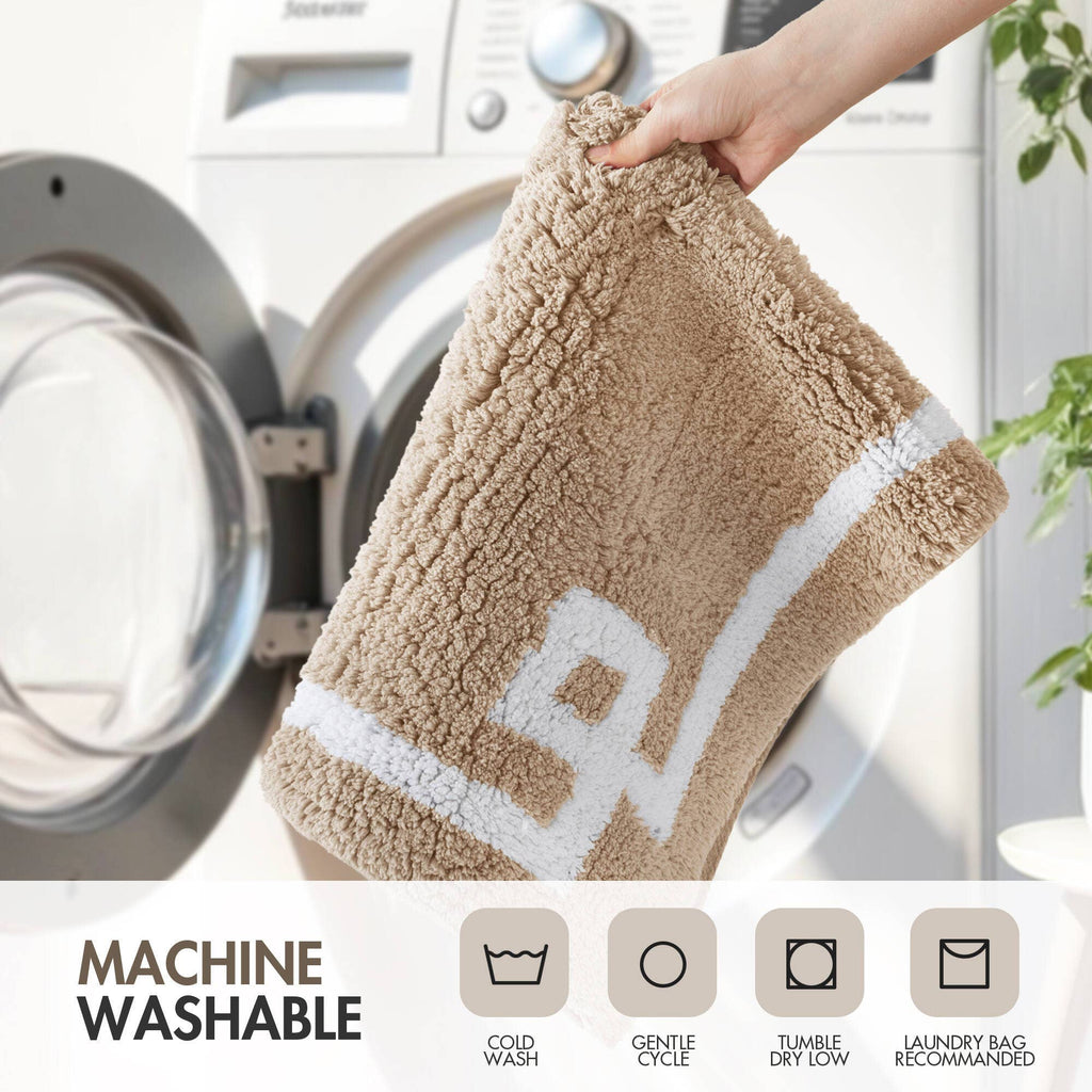 High Pile Bordered Bathroom Rug, Taupe