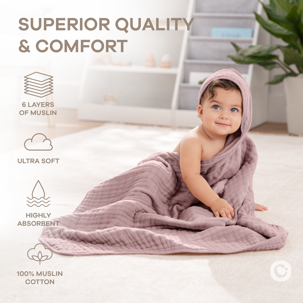 Hooded Baby Towel, 6 Layer 100% Muslin Cotton by Comfy Cubs