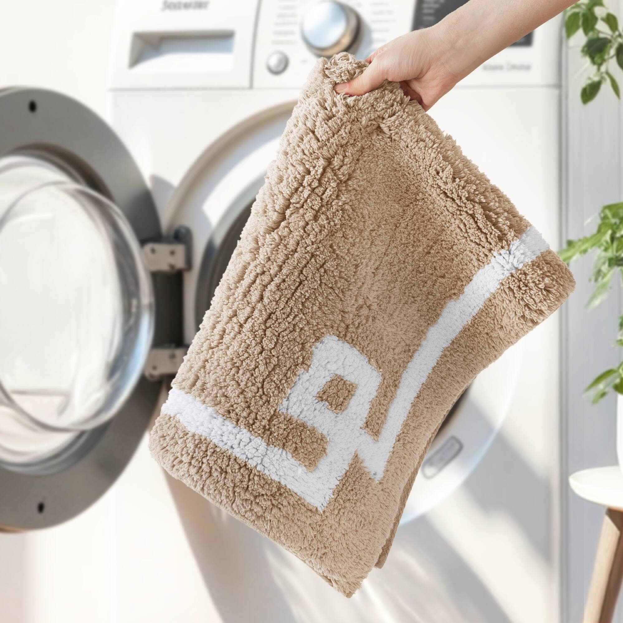 High Pile Bordered Bathroom Rug, Taupe