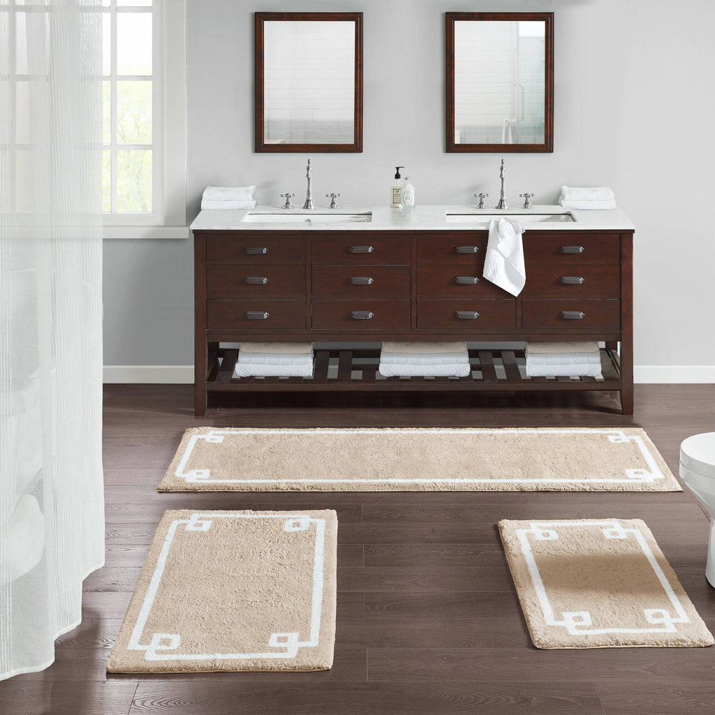 High Pile Bordered Bathroom Rug, Taupe
